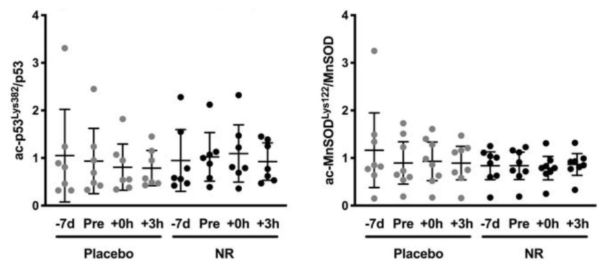 Seven days NR supplementation does not influence NAD+ dependent signaling activity of sirtuins pre- or post- endurance exercise. Seven days NR supplementation does not influence NAD+ dependent signaling activity of sirtuins pre- or post- endurance exercise.