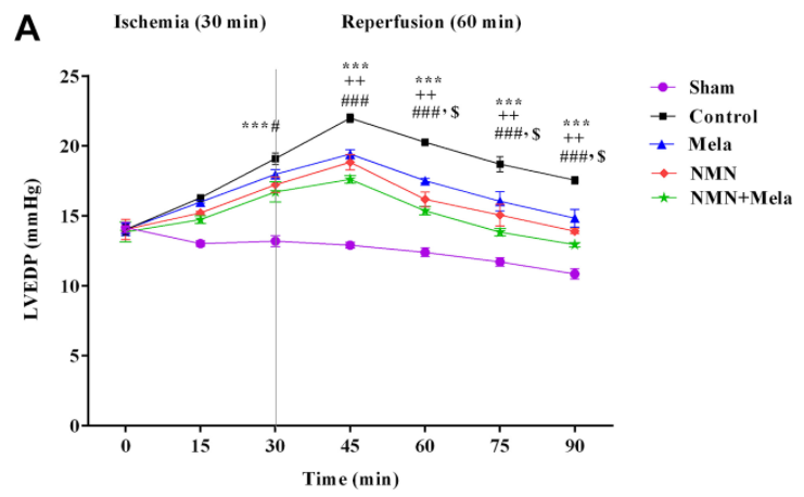 The combination of NMN and melatonin protects the heart function from ischemia-reperfusion injury. The combination of NMN and melatonin protects the heart function from ischemia-reperfusion injury.
